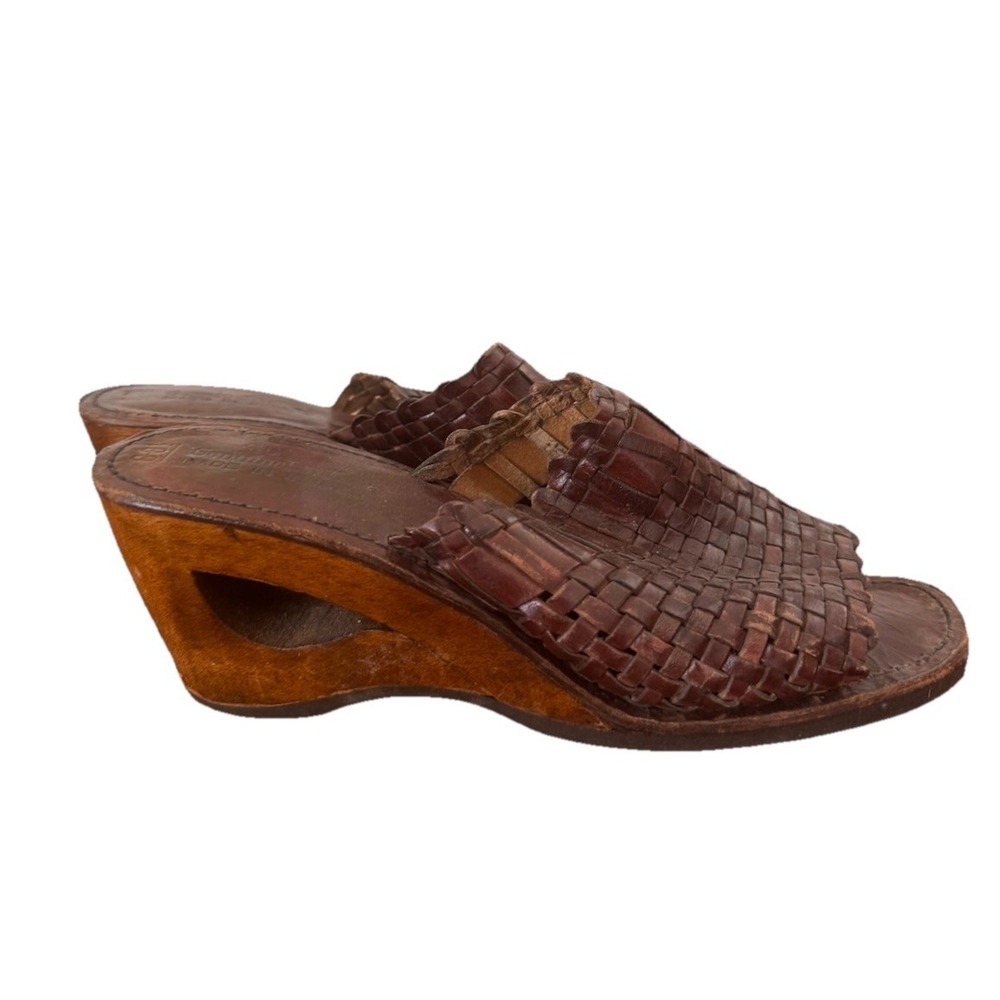 Vtg 70s Y2K Wood Leather Woven Clog Mule Slide Sandal Cutout Heel Hippie Boho 8 - Picture 2 of 8